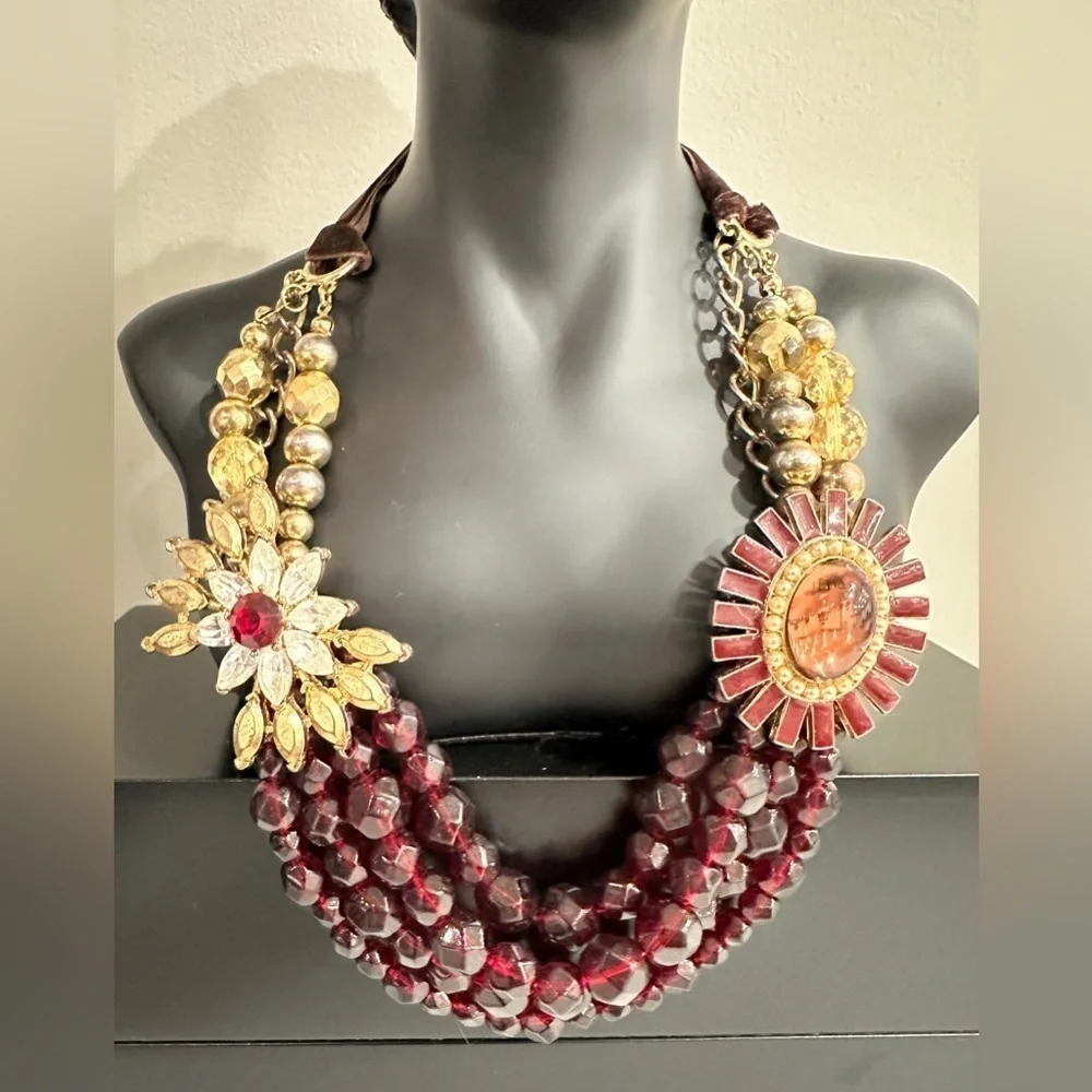 Vintage Multi-Strand Statement Necklace with Velvet Ribbon Accent, Burgundy